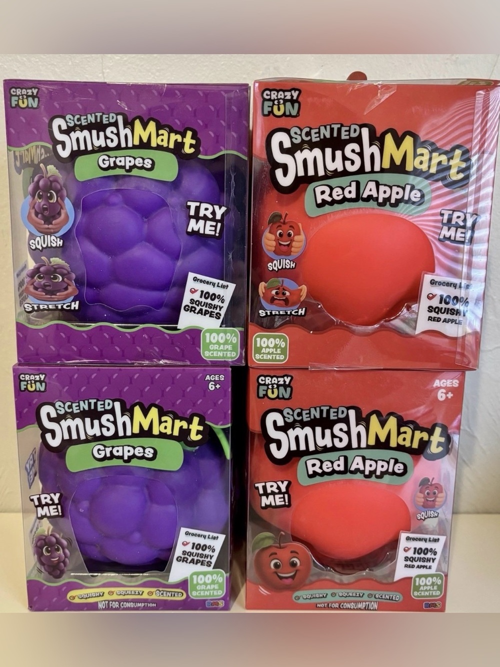 Lot of 4 Crazy Fun SmushMart Grape & Apple Squishy Stress Relief Toy